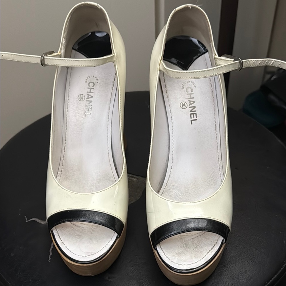 Chanel Cream and Black Mary Jane platforms with large  CC logo on the bottom